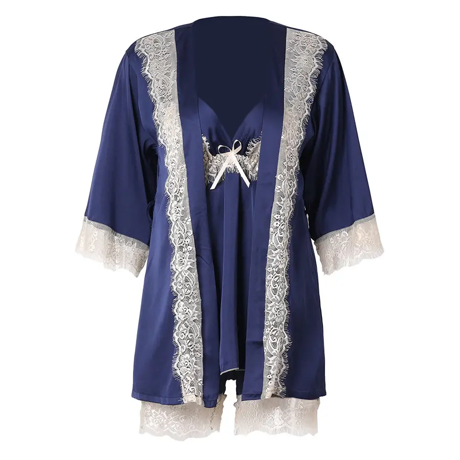 Dark Blue Глубокий V шеи спинки сексуальные ресницы кружева халаты пижамы набор для женщин Лифчик трусики и халат наборы для сна рубашки кардиган пижамы - Цвет: Dark Blue