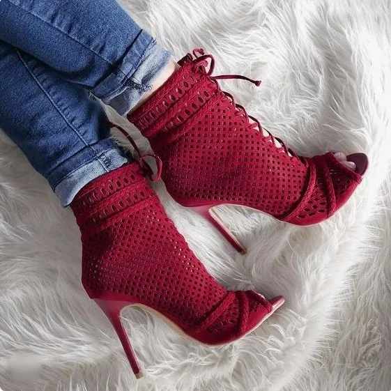 

New Arrivals Red Boots Netted Peep Toe Ankle Strap Lace-up Gladiator Heels Ladies Shoes Heels Sexy High Heels Cut-out Boots