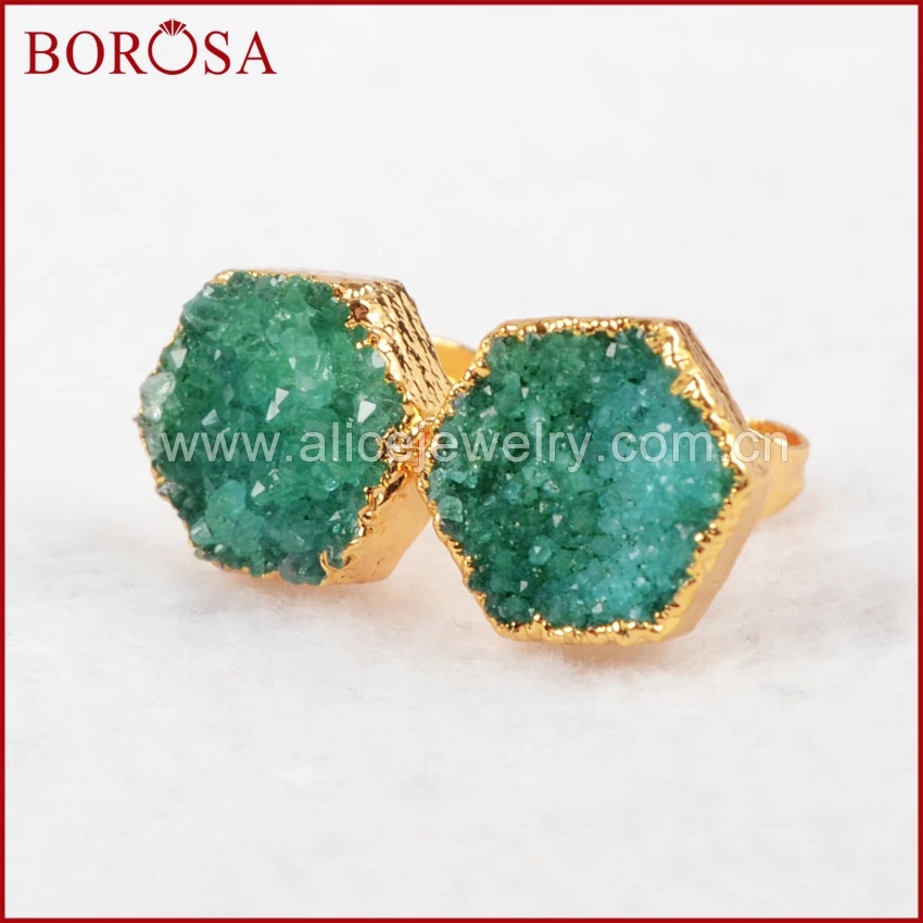 Серьги гвоздики BOROSA Druzy 1 пара с шестигранным натуральным кристаллом золотистые