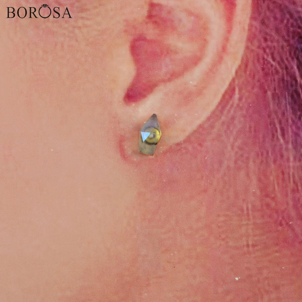 

BOROSA 5/10Pairs Gild Natural White Quartz Titanium AB Plating Faceted Stud Earrings Crystal Quartz Girls Earrings Jewelry G1850