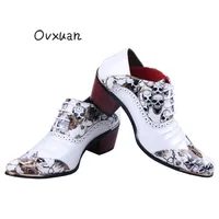 OVXUAN Men Skull Punk Western Cowboy Boots Mens Fashion Designer 6CM High Heel Wedge Leather Shoes White Pointed Ankle Boots Men