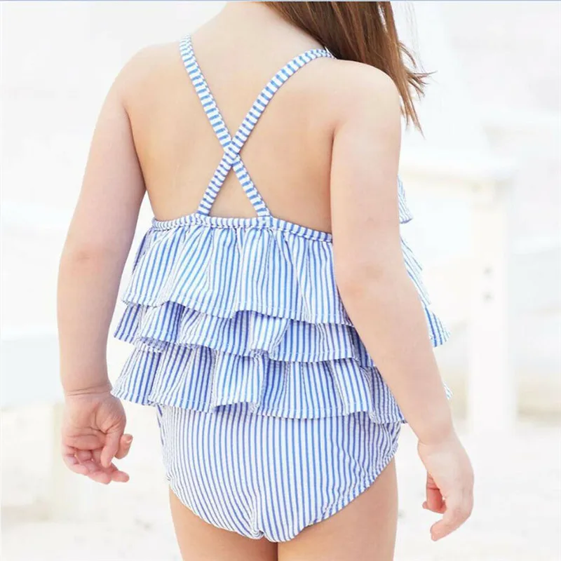 

Summer Toddler Infants Baby Girls Striped Bow Blue Sleeveless Ruffle Romper Backless Jumpsuit Outfits Cute Kids Clothing 0-18M