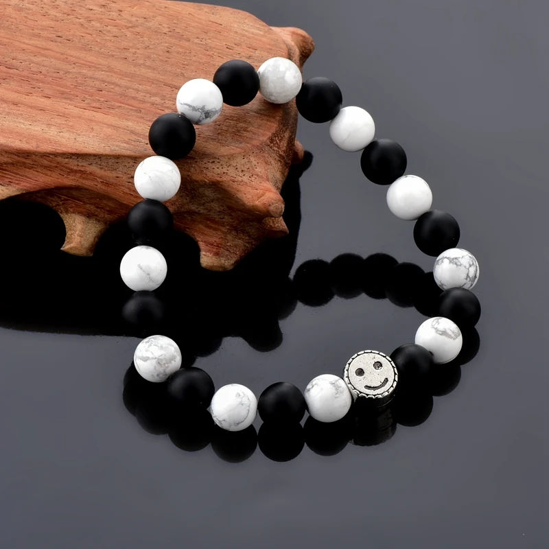 Женские браслеты из натурального камня LongWay DIY Charms Smile эластичные белого и черного