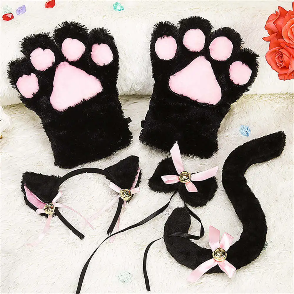 

New Anime Cosplay Costume Accessory Hairwear Hairbands With Cat Ears Fantasy Set Maid Lolita Plush Glove Tail Paw Ear 2019