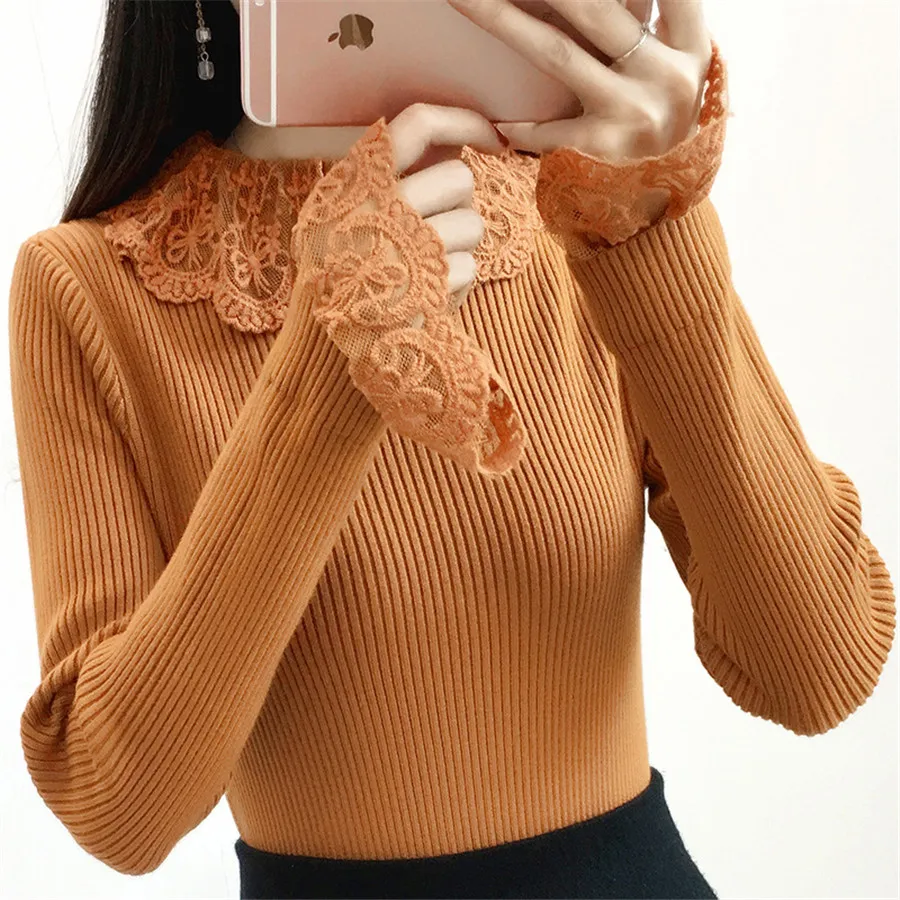 High Elastic Knitted Sweater Women 2018 Autumn Winter lace embroidery Patchwork Long Sleeve Sweaters Pullovers Female | Женская одежда