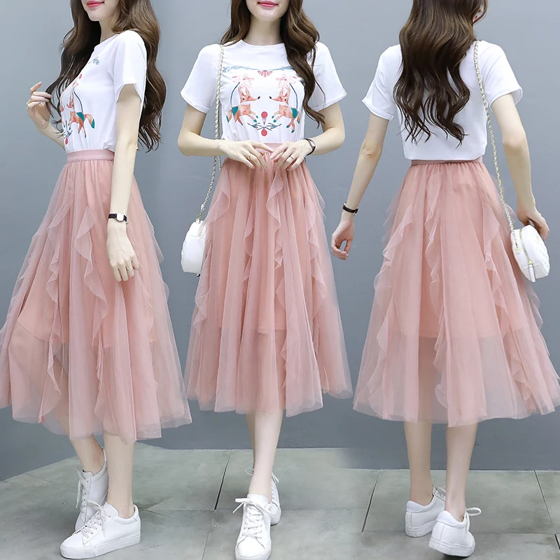 2019 Fashion Women's Clothing Mesh Ruffles O-neck Short Sleeves Printing Two Pieces Summer Sets Female | Женская одежда