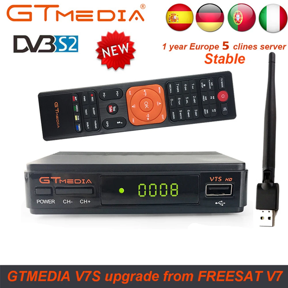 Горячая DVB-S2 Freesat V7 с USB wifi FTA ТВ ресивер gtmedia v7s hd мощность по freesat поддержка Европа 7 cline CCCAM сетевой обмен