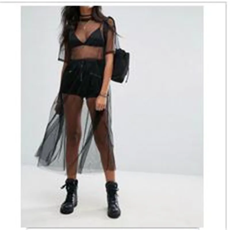 Women See Through Covers Up New Sexy Sheer Mesh Black Color Bikini Cover Ladies' Summer Short Sleeves Beach Sundress Hot Sale | Женская
