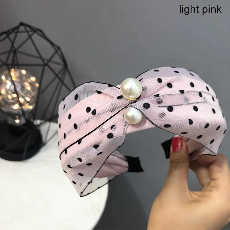 light pink Милые жемчужные сетчатые повязки для волос в горошек для женщин, широкая боковая однотонная расцветка, завязанная головная повязка для девочек, жемчужный головной убор, женский головной Убор - Цвет: light pink