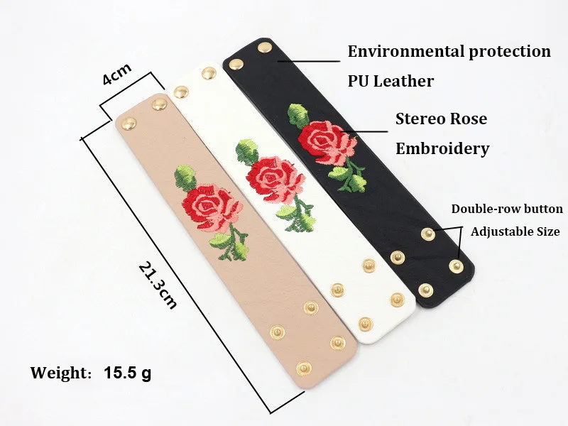 

LEADERBEADS 2019 PU Leather 3D Stereo Rose Flower Embroidery Bracelet Girl's Charm Ethnic Wide Bangle for Birthday Party Gift