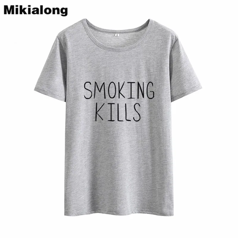 Mikialong SMOKING KILLS Летний Топ для женщин 2018 Женская хлопковая футболка с коротким