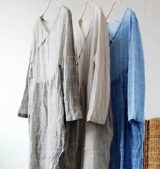 Женское льняное платье с длинным рукавом V образным вырезом|linen dress|sleeve dressdresses retro |