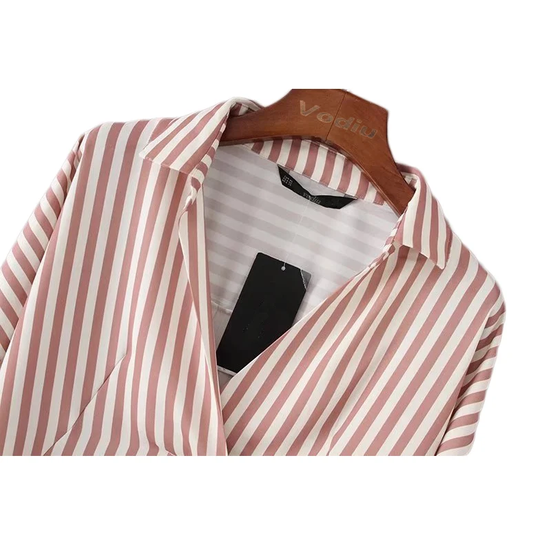 Женская Длинная блузка с вышивкой Повседневная рубашка розового цвета в полоску