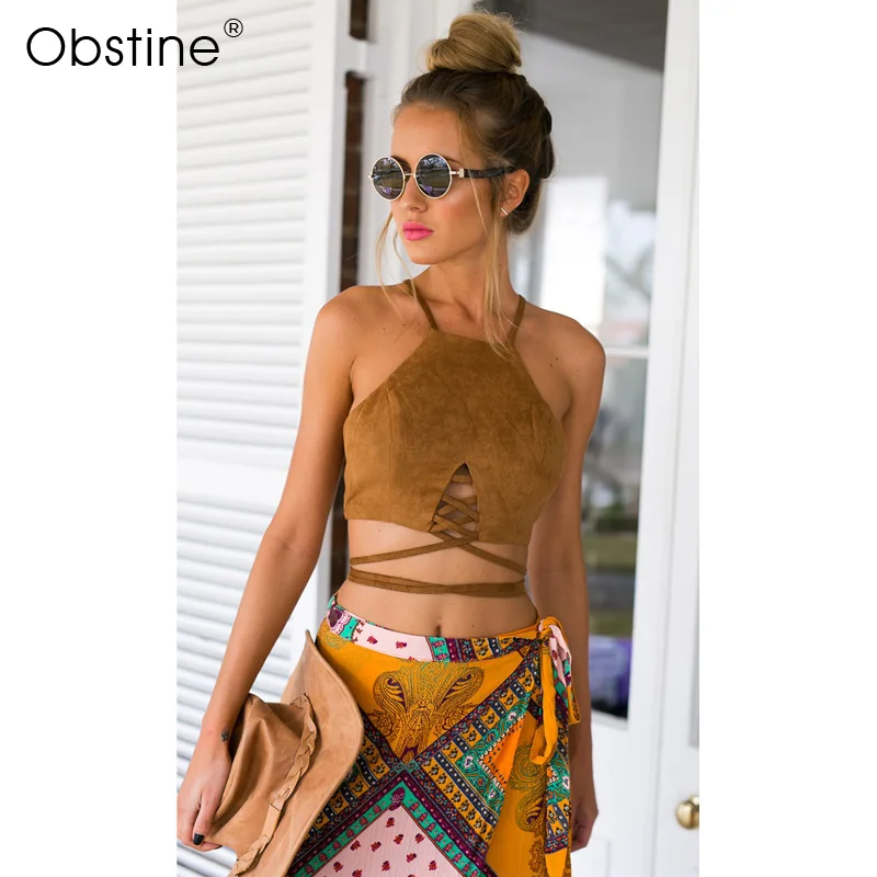 Висит шеи замши бретели ремешками крест Обёрточная бумага Boho укороченный топ Для