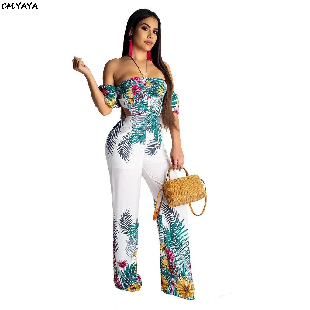 2019 New women summer floral pint off shoulder tie up open back short sleeve bohemian jumpsuit beach romper playsuit Y5085 |