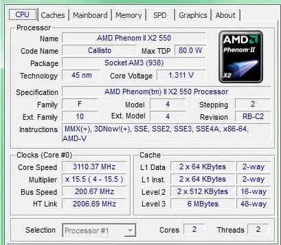 Двухъядерный процессор AMD Phenmon X2 550 3,1 ГГц HDZ550WFK2DGI 80W Socket AM3 938pin