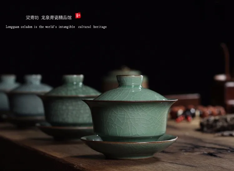 [GRANDNESS] Longquan Celadon фарфоровые Gaiwan КИТАЙСКИЕ чашки кракле глазури чайная посуда 150 мл