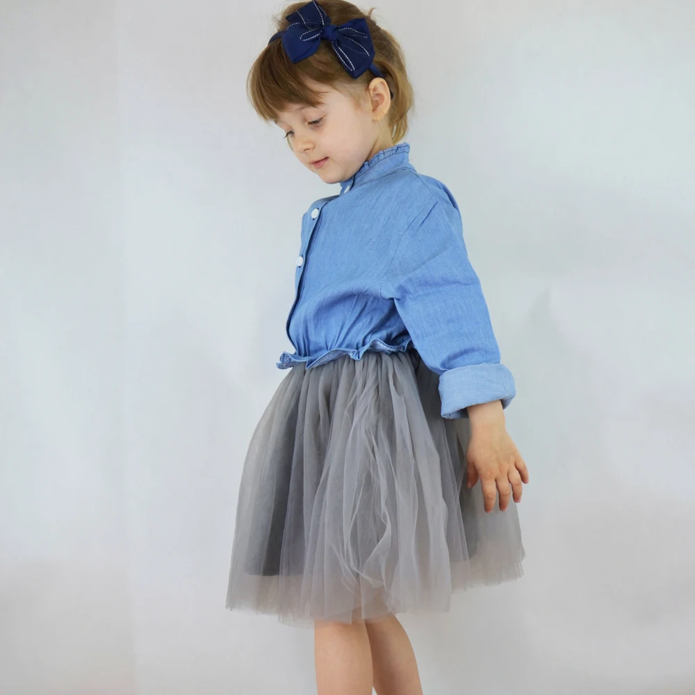 Girls Denim Dress 2019 Spring and Autumn New Long-sleeved Mesh Stitching Female Baby Princess Pettiskirt 2 3 4 5 6 7 | Детская одежда и