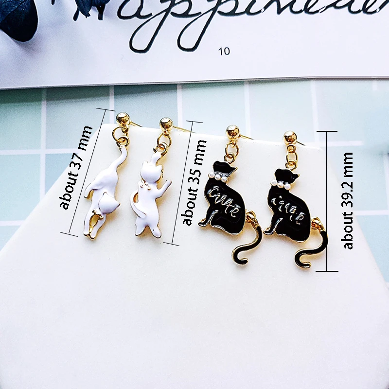 JZTOP Lady Classic Black White Cat Stud Earrings Cute Imitation Pearl Asymmetric Animal Earring For Woman Oorbellen Girl Jewelry | Украшения
