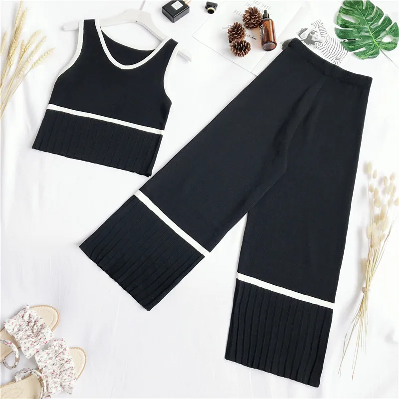 2019 summer female korean fashion sleeve sling knitted top tank suit set + women wide leg pants mid calf length 2pcs se393 |