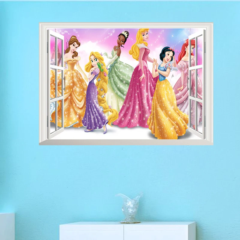 

Disney Princess 3Dview Window Cartoon Wall Stickers For Kids Rooms Wall Decals Home Decoration