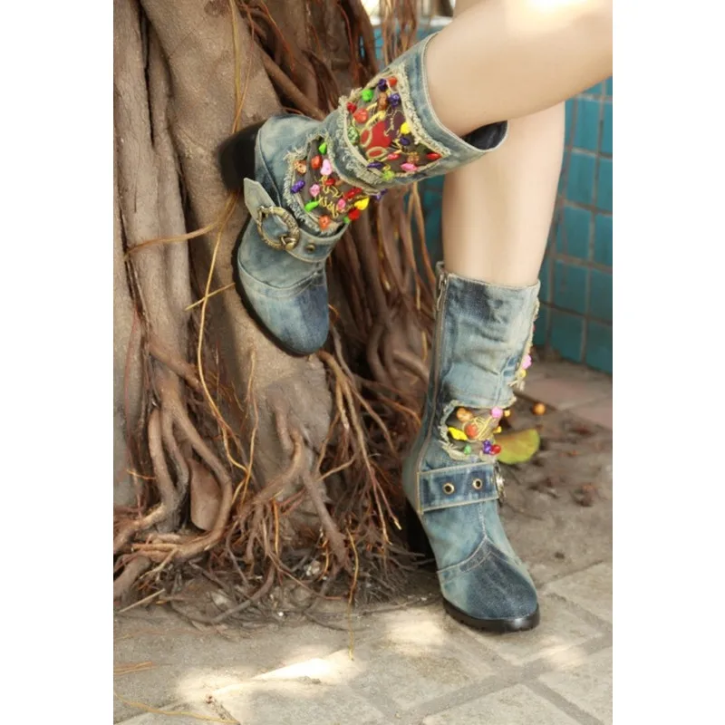 Женская джинсовая обувь до середины икры большой размер 42 | Обувь