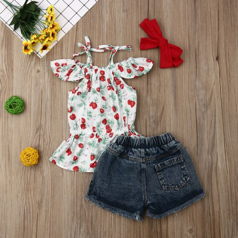 Fashion Toddler Kids Baby Bibs Girl 3Pcs Flowers Print Tops Hole Jeans Shorts Bowknot Headband Outfits Summer Children Set | Детская