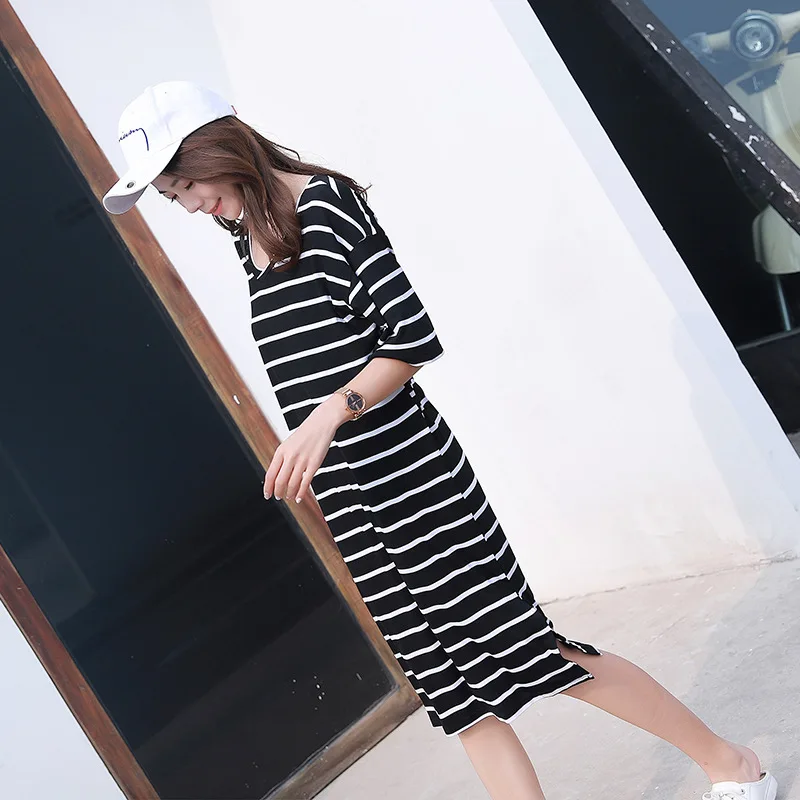 New plus-size dress summer version of loose splicing stripe Short sleeve pregnant woman's long Dress | Женская одежда
