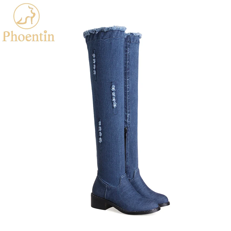 

Phoentin джинсовая ткань молния сапоги выше колен сломанные дырки дизайн кружева женская обувь осень 2019 Средний квадратный каблук обувь FT184