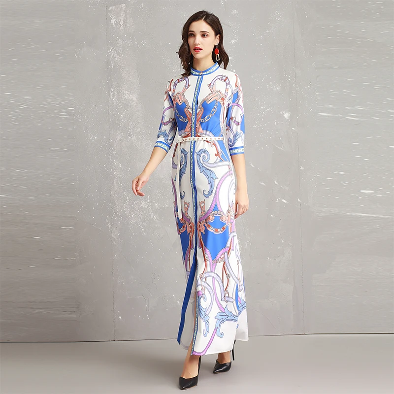 2019 Spring Pretty Print Maxi Dress Women New Hot Three Quarter Sleeve O_neck Female Slim Sweet Long With Belt | Женская одежда