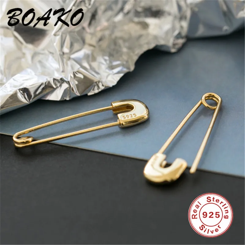 Gold BOAKO, безопасная булавка, серьги, вечерние, панк, персональные, прокол, серьги для женщин, серьги-гвоздики унисекс, 925 пробы, серебряные ювелирные изделия - Окраска металла: Gold