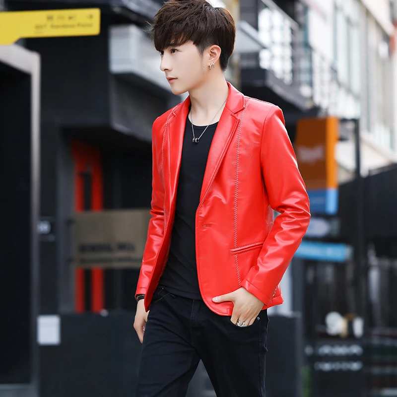 

HO 2020 Men's Leather Suits Autumn PU Machines Car Casual Suits Trendy Personality Suits