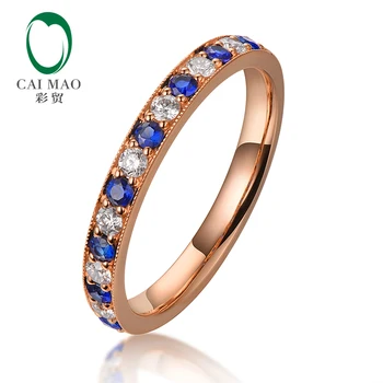 CAIMAO Half Eternity Natural Blue Sapphire and Brilliant Diamonds Engagement Wedding Band for Unisex Vintage Milgrain 14k Gold