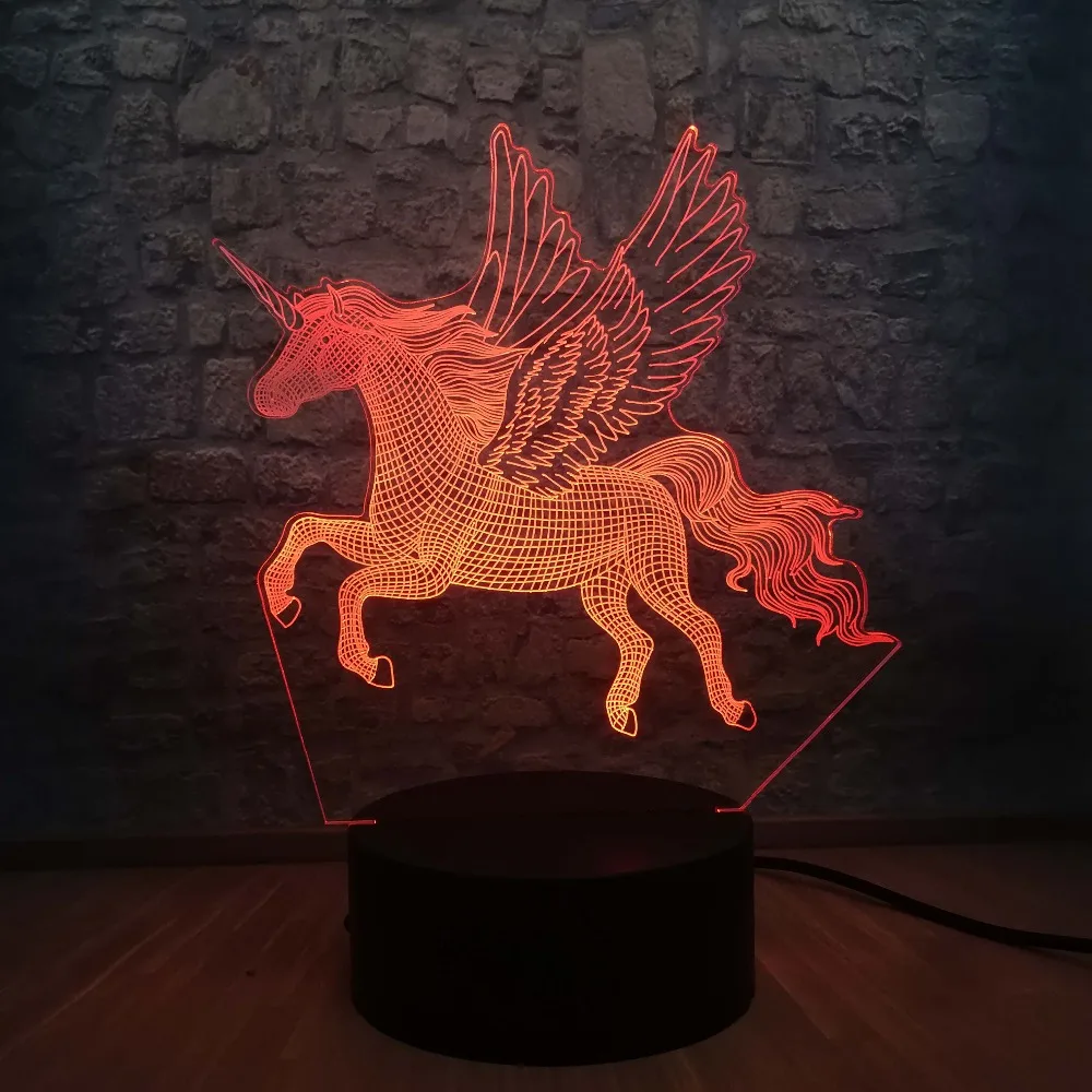 3D животное Единорог Лошадь Ночник светильник светодиодный иллюзия Лампа USB 7