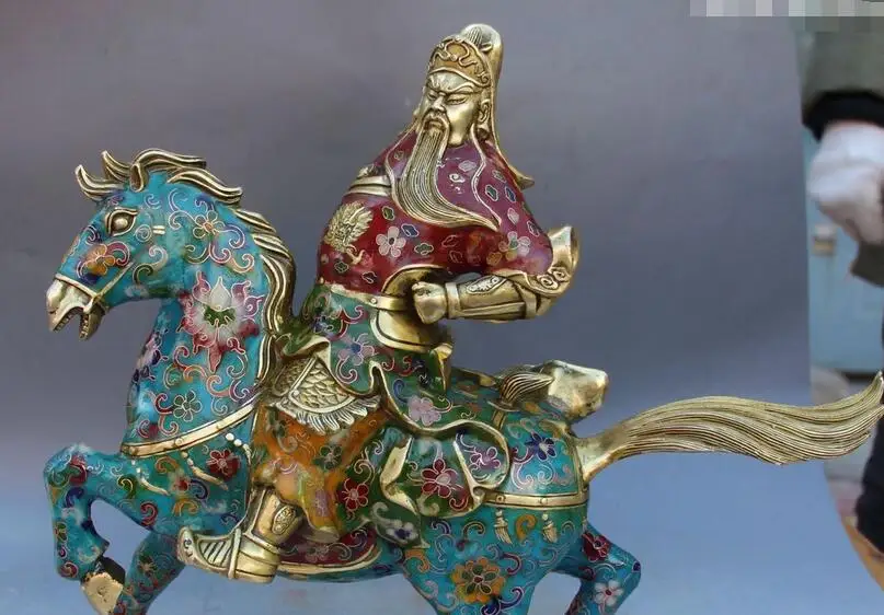 16 &quotКитайская перегородчатая эмаль позолота конная Гуань Гун Юй Воин Бог | Дом и
