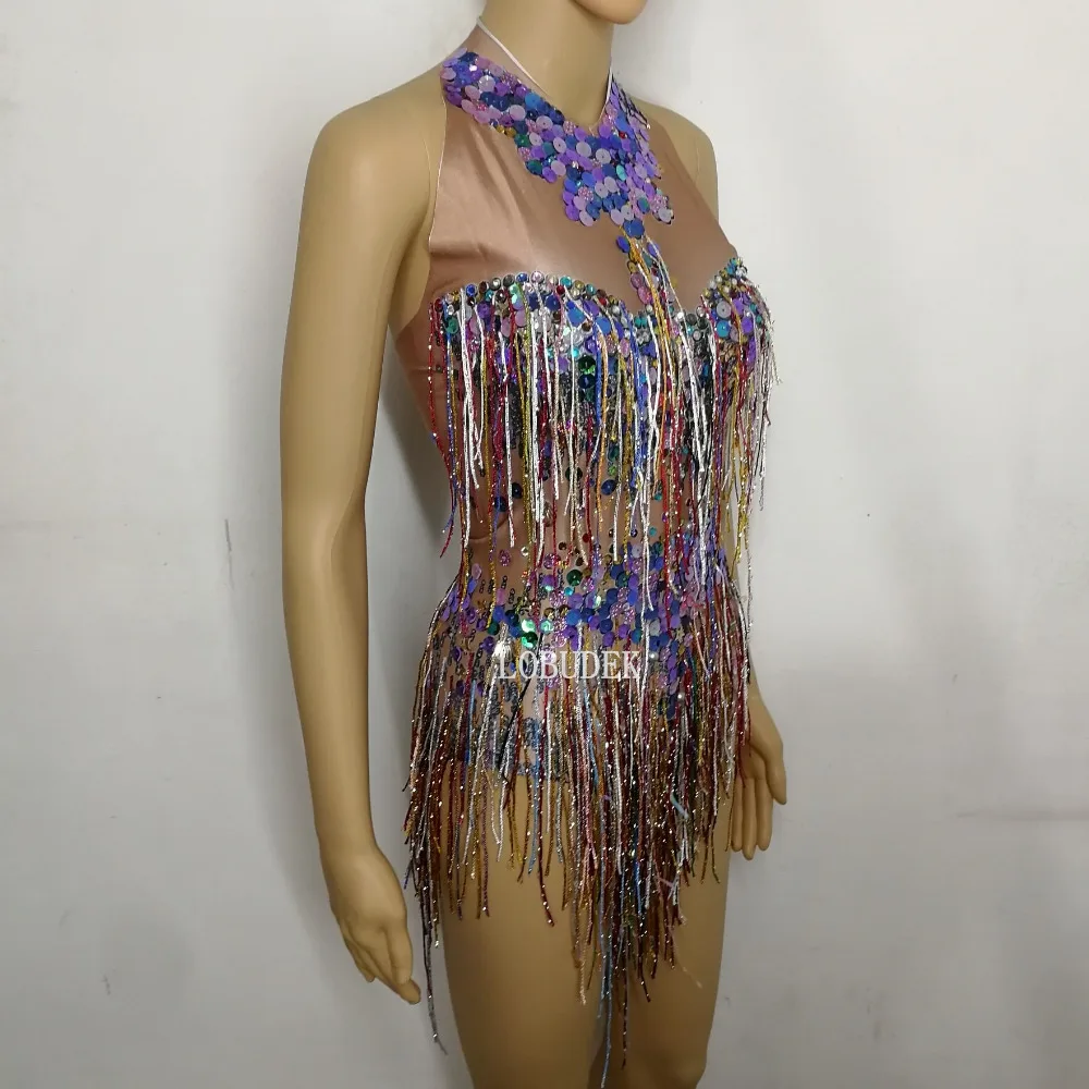 Two Styles Colorful Rhinestones Tassels Bodysuit Sleeveless Crystals Fringed Bodysuit Nightclub Sexy Women Stage Dance Costume