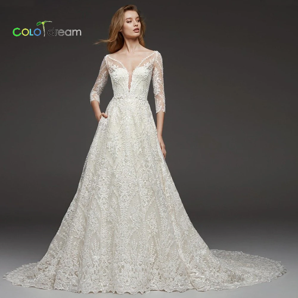 2019 wedding dress A line vestido de novia court Train v-neck | Свадьбы и торжества