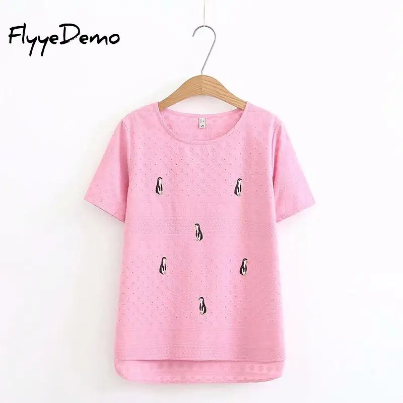 4XL размера плюс с рисунком пингвина вышивкой Женские топы коротким рукавом 2020