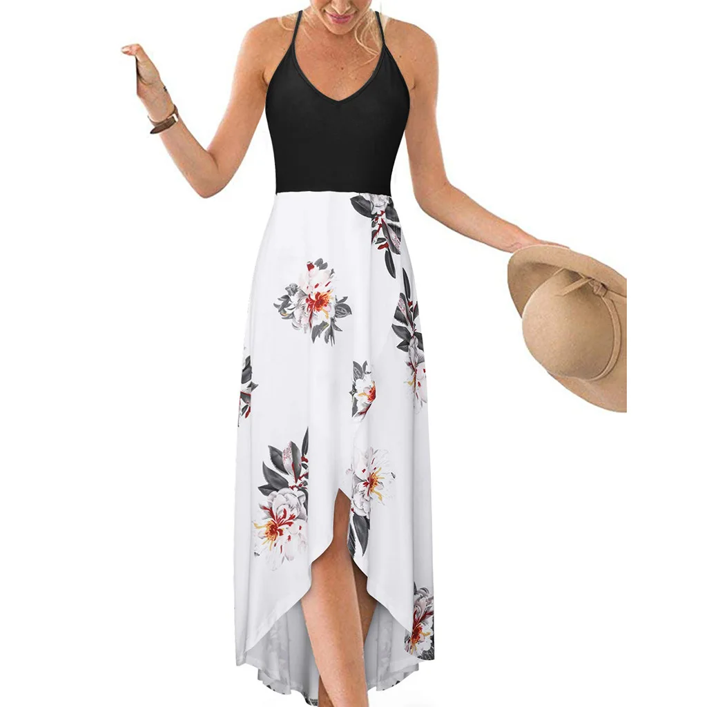 2019 Summer popular fashion cool long flora V-neck Sleeveless Strappy Backless Sexy Color Panel Printed Dress | Женская одежда