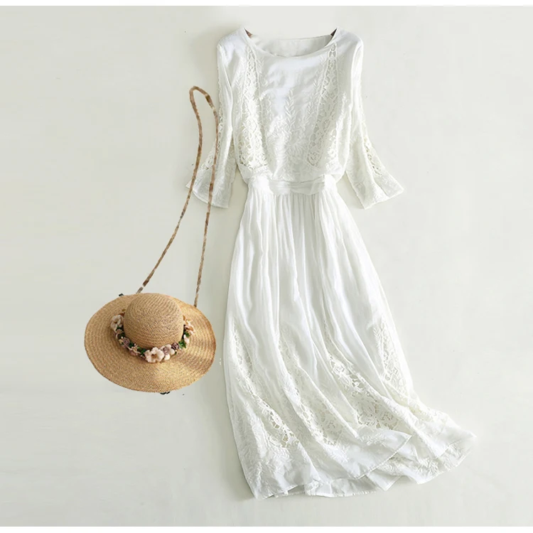White Embroidered Silk Dress Slim Beach dress Super Fairy Holiday Woman Summer | Женская одежда