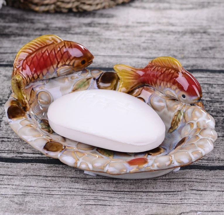 Novel Porcelain Couple Fish Miniature Soap Dish Decorative Washroom Ceramic Organizer Ornament Art and Craft Utensil Accessories