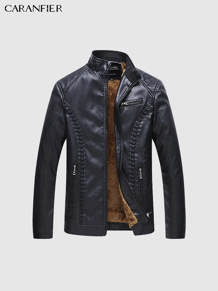 

CARANFIER Mens Leather Jackets Business Casual Warm Thicken Coats Motorcycle Zipper Outerwear Stand Collar Large Size Overcoats