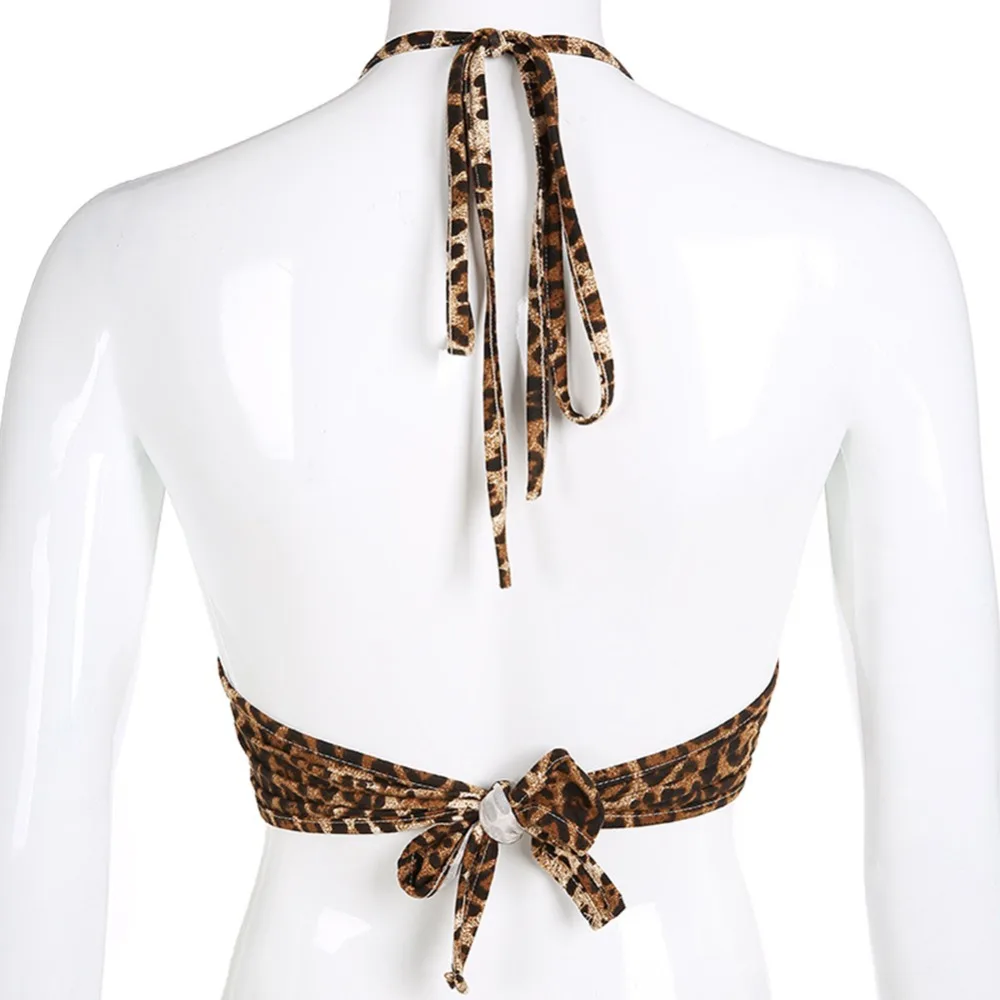 Кроп-топ женский с леопардовым принтом пикантный бандажный топ лямкой на шее