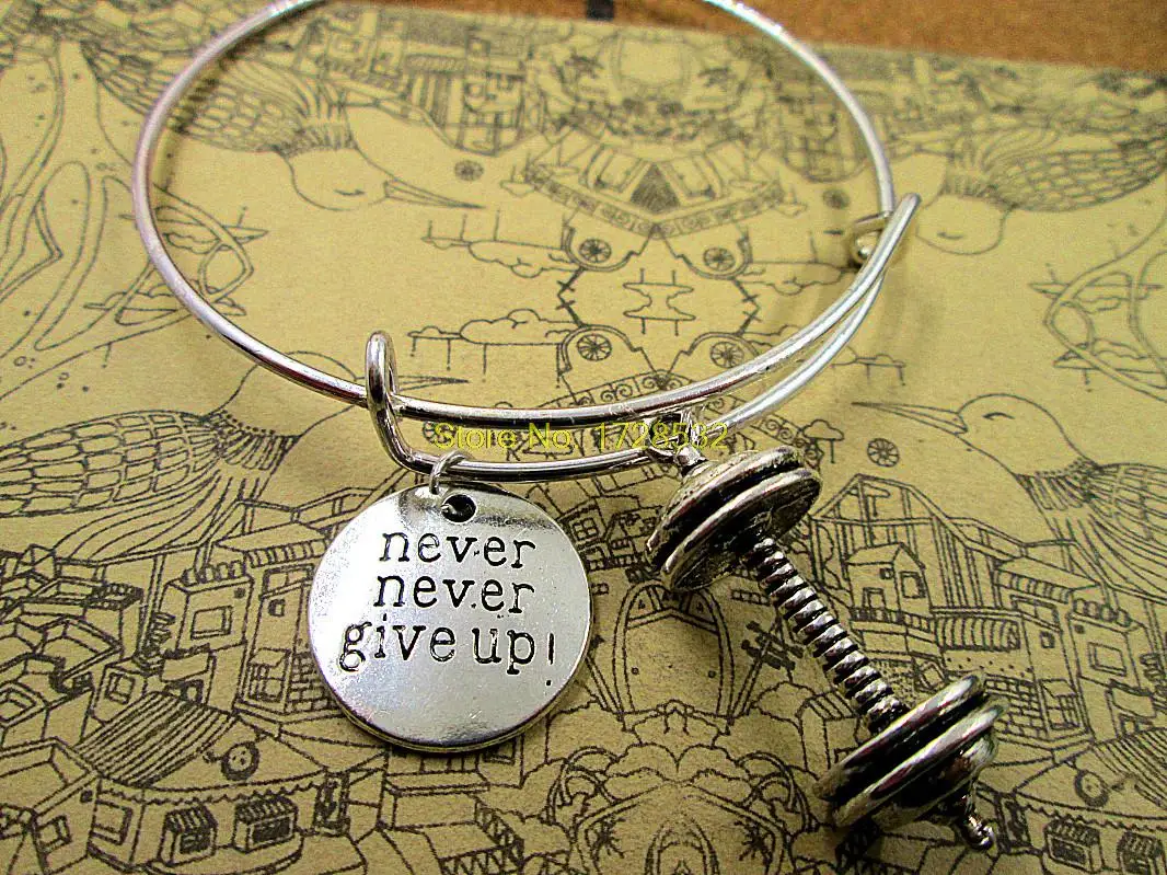 Hot sale diameter 65mm silver bracelets bangles never give up with dumbell kettlebell barbells jewelry for women | Украшения и