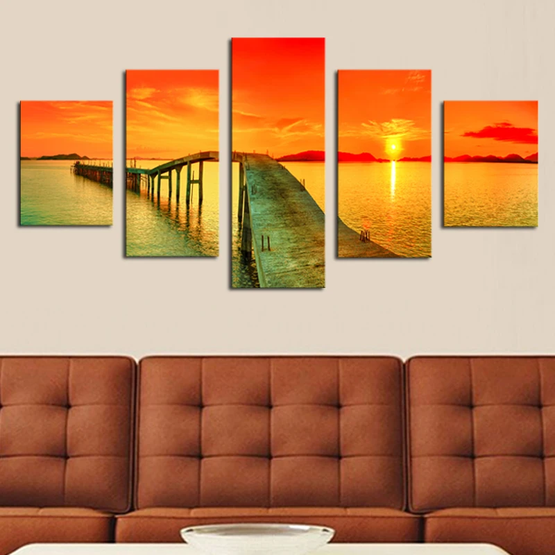 5 панелей без рамки Современная мост на закате морской пейзаж Картина холсте