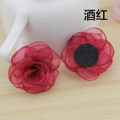 wine red 10 шт./Партия DIY 4 см материал волос сгоревший край кружева патч аппликация снег пряжа роза цветок стерео ручной шпилька ткань аксессуары - Цвет: wine red