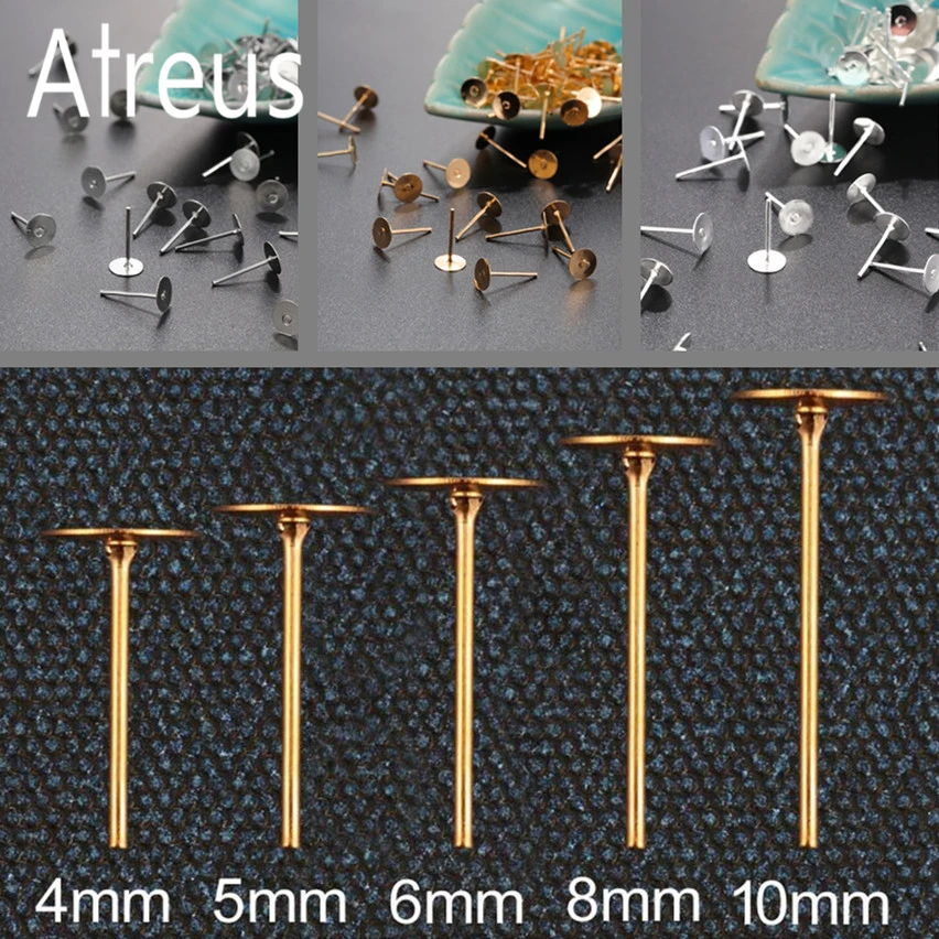Atreus 100 шт. Металлические Пустые серьги-гвоздики подходят для 4 5 6 8 10 мм золотые
