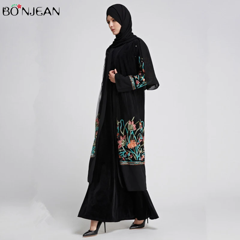 Длинный кардиган с вышивкой в Дубае, мусульманское газовое платье с вышивкой, длинное кимоно, арабский, исламский стиль, 2019