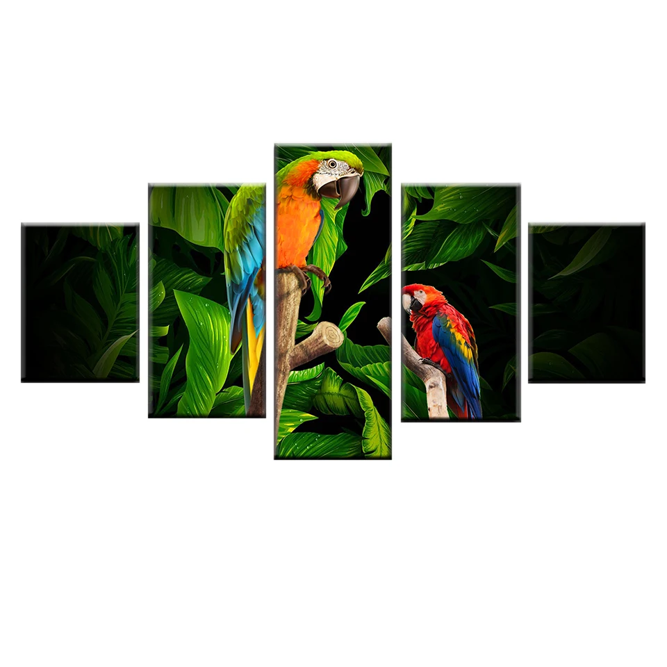 

HD print 5 pieces animal colorful parrot standing on branch picture canvas painting art wall decoration poster modular frame