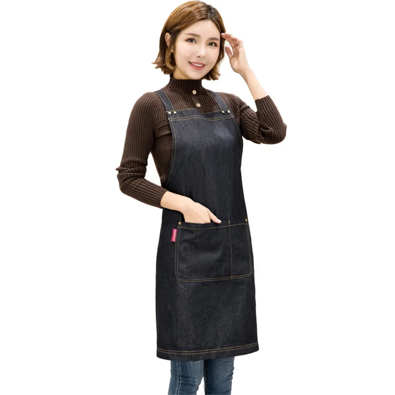 

New Black Apron Kitchen Denim BBQ Cleaning Cross Strap Apron Bartender Cowboy Antifouling Chef Pinafore Delantal Tablier